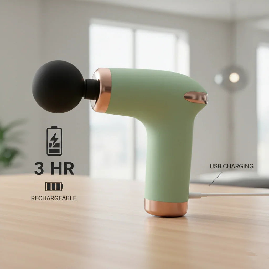 Green handheld device with black head on a wooden surface, charging cable visible.