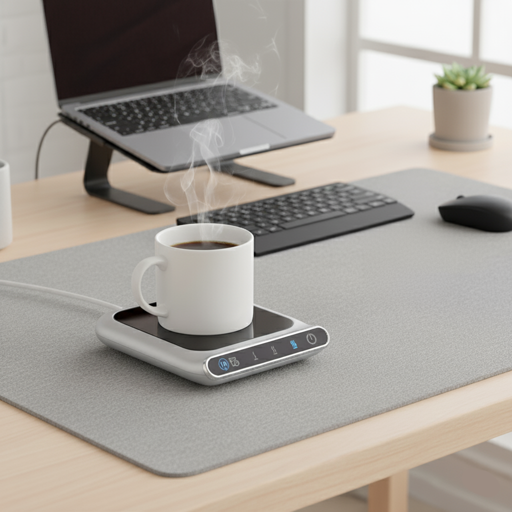 White mug with coffee on a small electric warmer on a desk with a laptop and keyboard in the background.